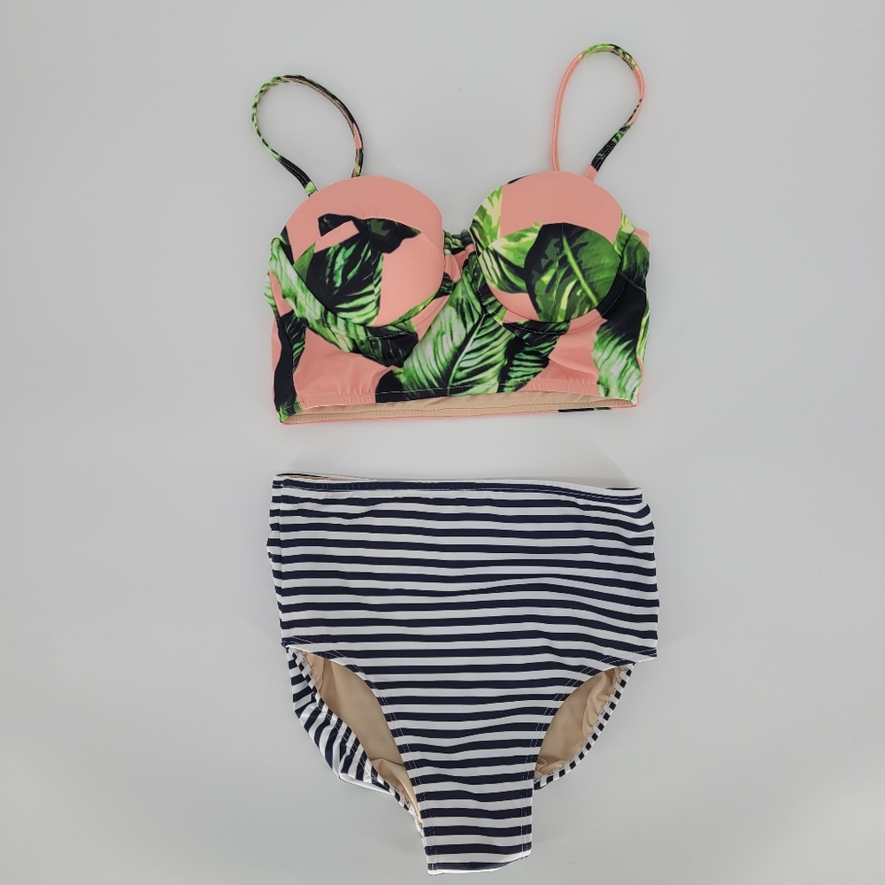 Albion swim two piece top floral bottom hi rise stripe bikini Xsmall
